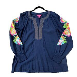 Lilly Pulitzer Sharise Long Sleeve Embroidered Top Size Medium Navy Blue Tunic